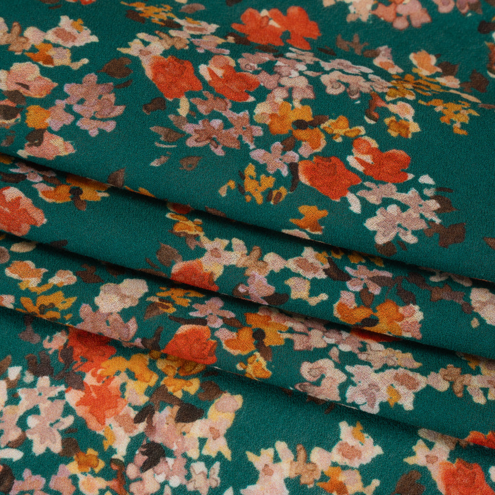 Cotton Crepe - Teal, Red and Golden Yellow Spotty Florals - Mood Exclusive Dancing Drifts Print Cotton Crepe - Teal, Red and Golden Yellow Spotty Florals - Mood Exclusive Dancing Drifts Print