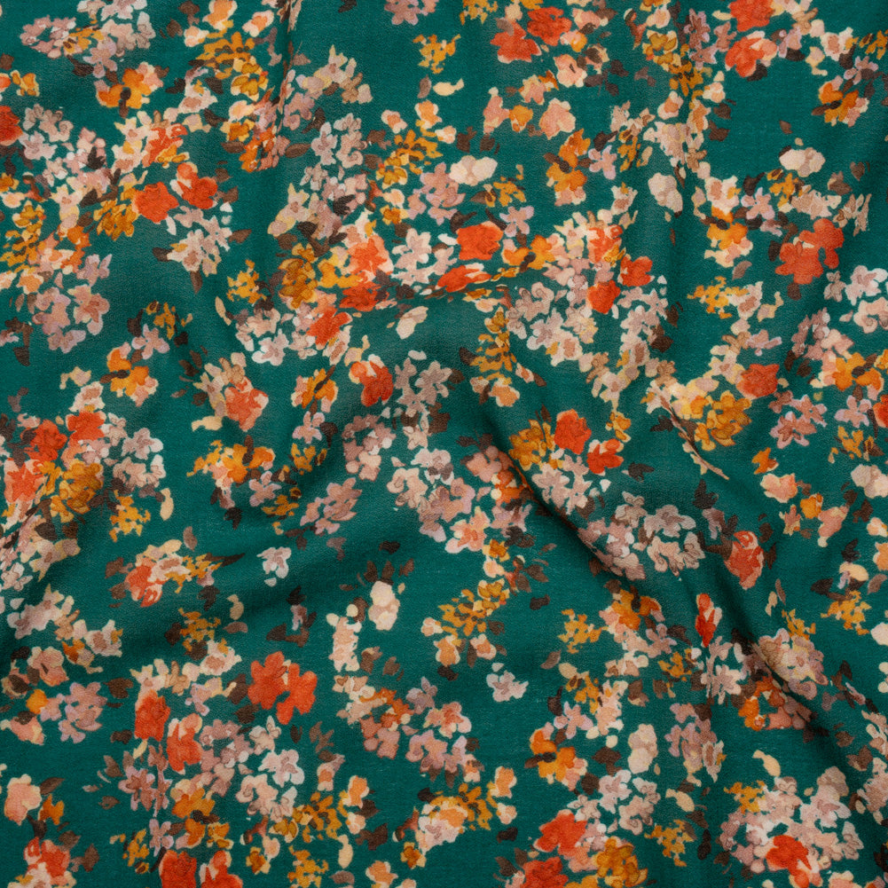 Cotton Crepe - Teal, Red and Golden Yellow Spotty Florals - Mood Exclusive Dancing Drifts Print Cotton Crepe - Teal, Red and Golden Yellow Spotty Florals - Mood Exclusive Dancing Drifts Print