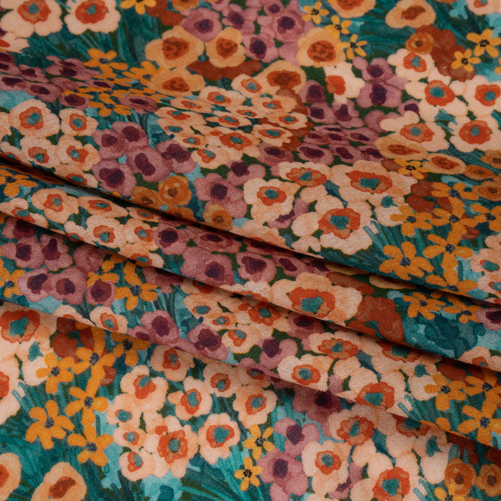 Cotton Crepe - Orange, Rose and Teal Popping Flowers - Mood Exclusive Poppy Parade Print Cotton Crepe - Orange, Rose and Teal Popping Flowers - Mood Exclusive Poppy Parade Print