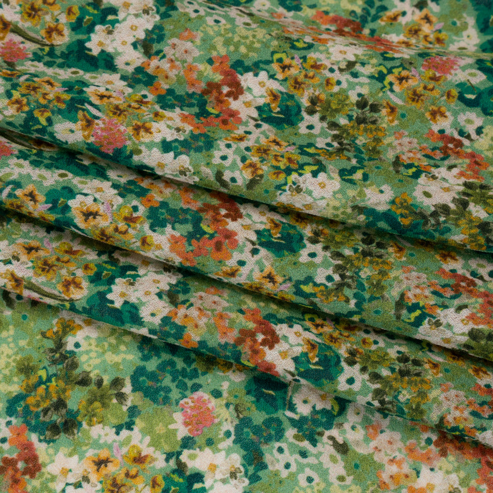 Cotton Crepe - Green, Orange and Cream Little Flowers - Mood Exclusive Greenhouse Garden Print Cotton Crepe - Green, Orange and Cream Little Flowers - Mood Exclusive Greenhouse Garden Print