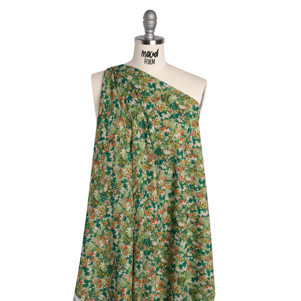 Cotton Crepe - Green, Orange and Cream Little Flowers - Mood Exclusive Greenhouse Garden Print Cotton Crepe - Green, Orange and Cream Little Flowers - Mood Exclusive Greenhouse Garden Print