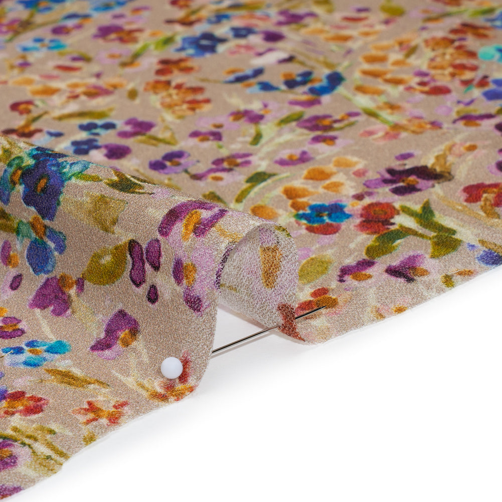 Cotton Crepe - Taupe and Rainbow Painted Flowers - Mood Exclusive Prismatic Petals Print - Detail Cotton Crepe - Taupe and Rainbow Painted Flowers - Mood Exclusive Prismatic Petals Print - Detail