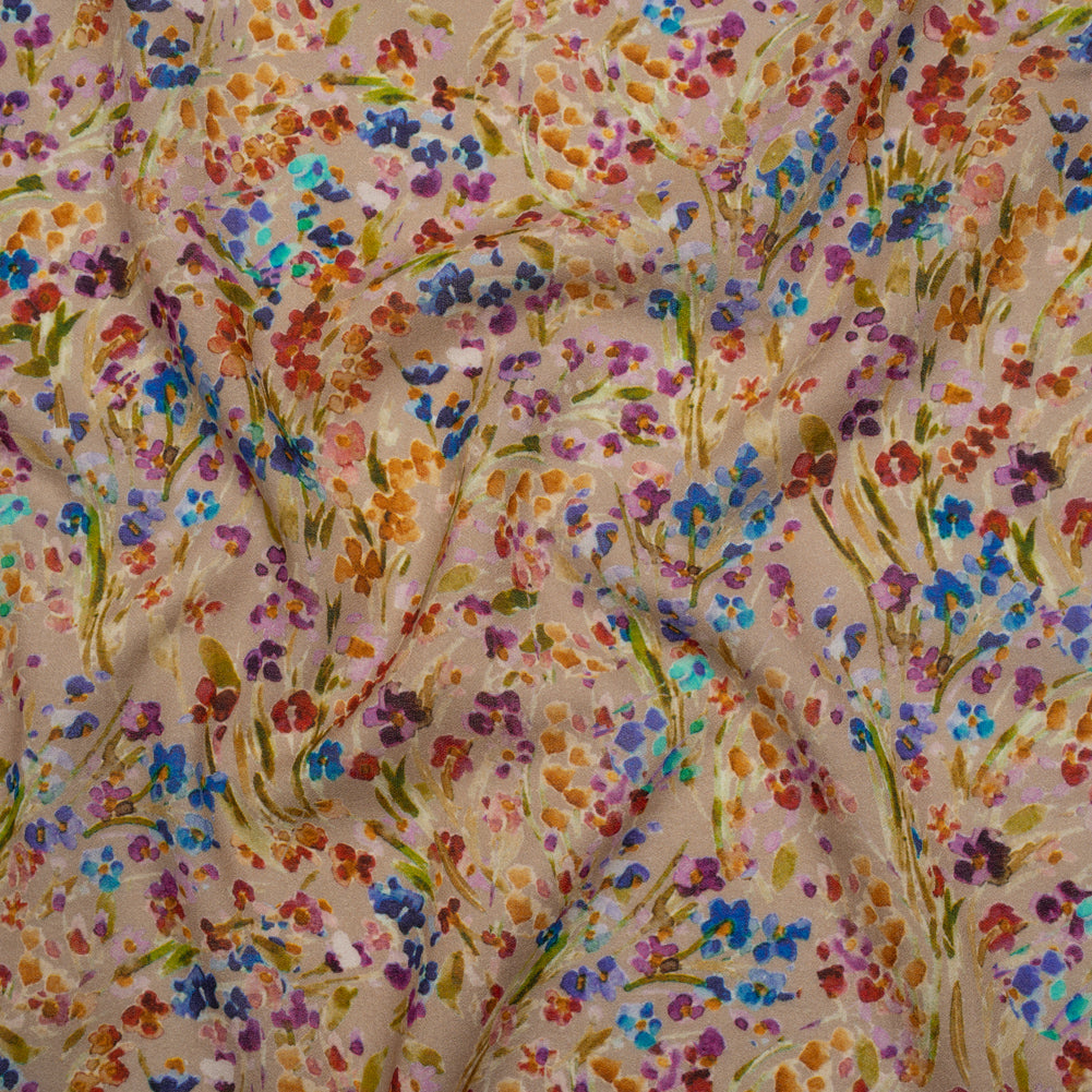 Cotton Crepe - Taupe and Rainbow Painted Flowers - Mood Exclusive Prismatic Petals Print Cotton Crepe - Taupe and Rainbow Painted Flowers - Mood Exclusive Prismatic Petals Print