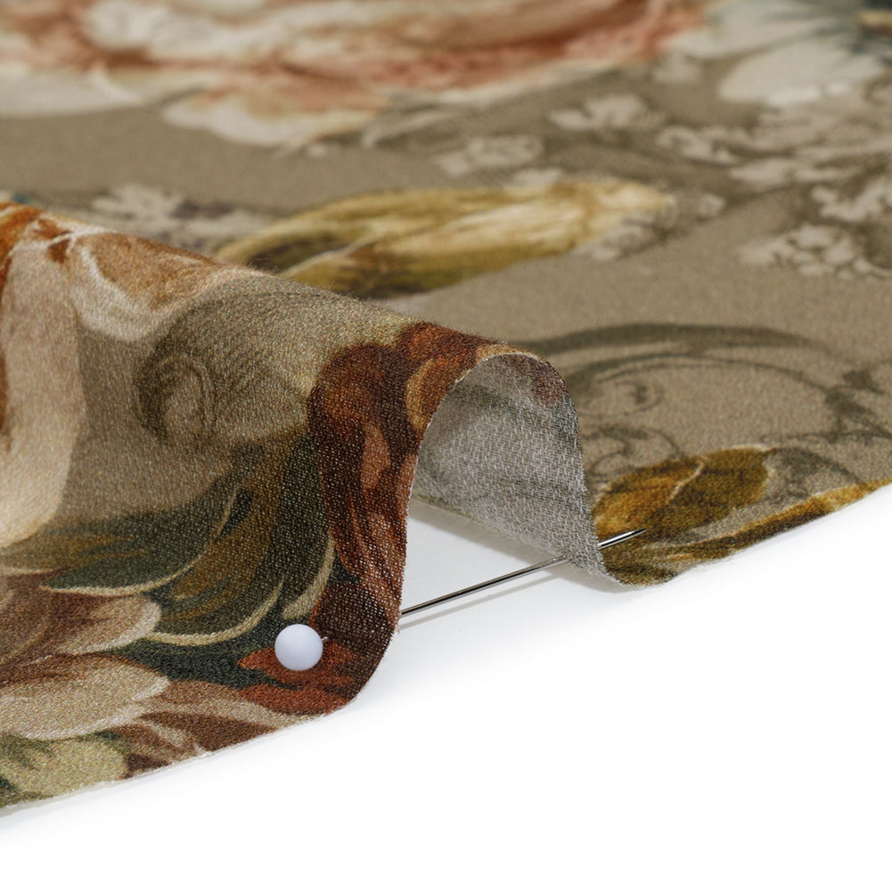 Cotton Crepe - Dusty Olive, Red and Teal Blue Vintage Floral - Mood Exclusive Baroque Blooms Print - Detail Cotton Crepe - Dusty Olive, Red and Teal Blue Vintage Floral - Mood Exclusive Baroque Blooms Print - Detail