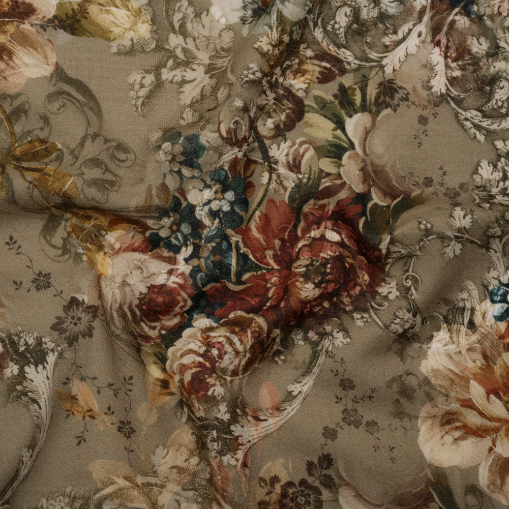 Cotton Crepe - Dusty Olive, Red and Teal Blue Vintage Floral - Mood Exclusive Baroque Blooms Print Cotton Crepe - Dusty Olive, Red and Teal Blue Vintage Floral - Mood Exclusive Baroque Blooms Print