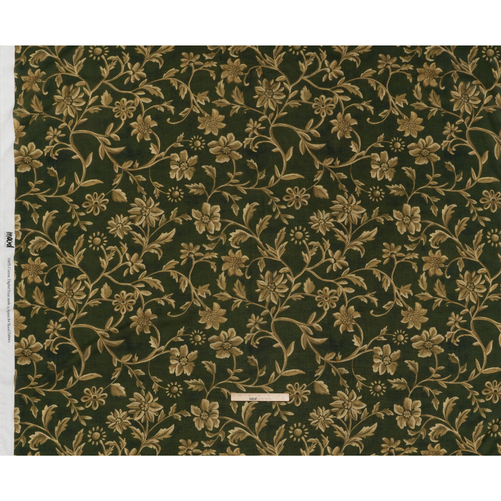 Cotton Crepe - Forest Green and Muted Gold Ornate Floral Vines - Mood Exclusive Gilded Vines Print - Full Cotton Crepe - Forest Green and Muted Gold Ornate Floral Vines - Mood Exclusive Gilded Vines Print - Full