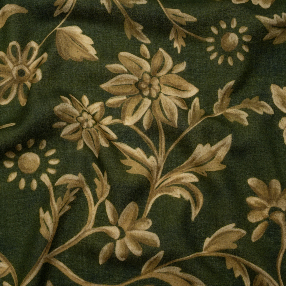 Cotton Crepe - Forest Green and Muted Gold Ornate Floral Vines - Mood Exclusive Gilded Vines Print Cotton Crepe - Forest Green and Muted Gold Ornate Floral Vines - Mood Exclusive Gilded Vines Print