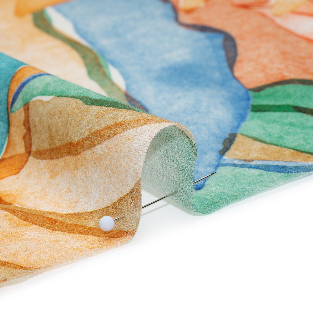 Cotton Crepe - Green, Blue and Orange Watercolor Leaves - Mood Exclusive Cascading Canopy Print Cotton Crepe - Green, Blue and Orange Watercolor Leaves - Mood Exclusive Cascading Canopy Print