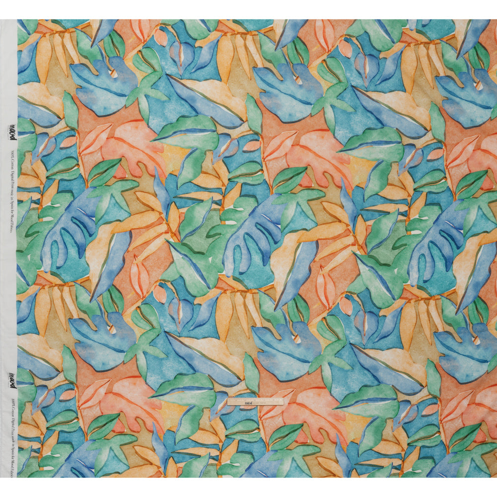 Cotton Crepe - Green, Blue and Orange Watercolor Leaves - Mood Exclusive Cascading Canopy Print Cotton Crepe - Green, Blue and Orange Watercolor Leaves - Mood Exclusive Cascading Canopy Print