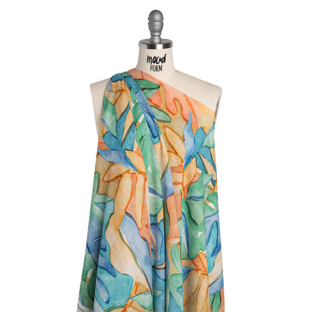 Cotton Crepe - Green, Blue and Orange Watercolor Leaves - Mood Exclusive Cascading Canopy Print Cotton Crepe - Green, Blue and Orange Watercolor Leaves - Mood Exclusive Cascading Canopy Print