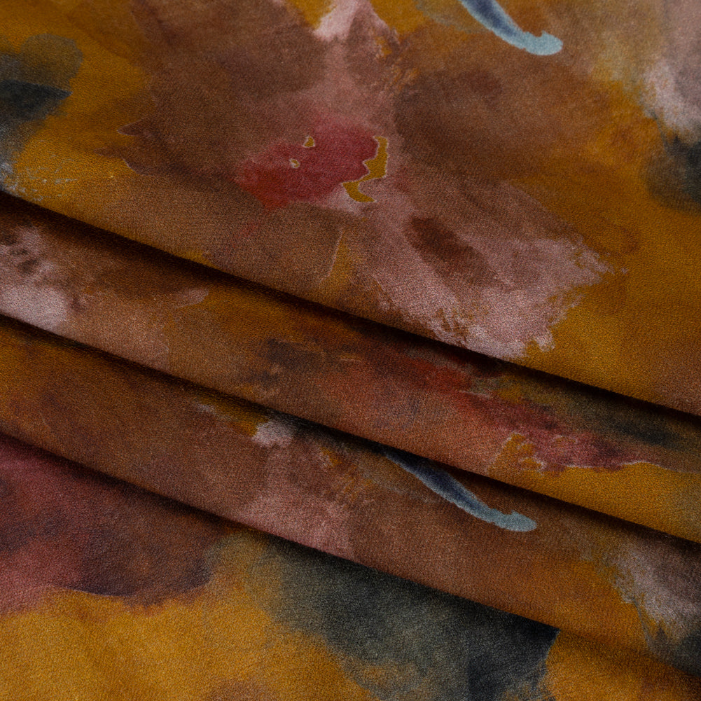 Cotton Crepe - Mustard Yellow, Burgundy and Dark Blue Abstract Watercolor - Mood Exclusive Flowing Horizons Print - Folded Cotton Crepe - Mustard Yellow, Burgundy and Dark Blue Abstract Watercolor - Mood Exclusive Flowing Horizons Print - Folded