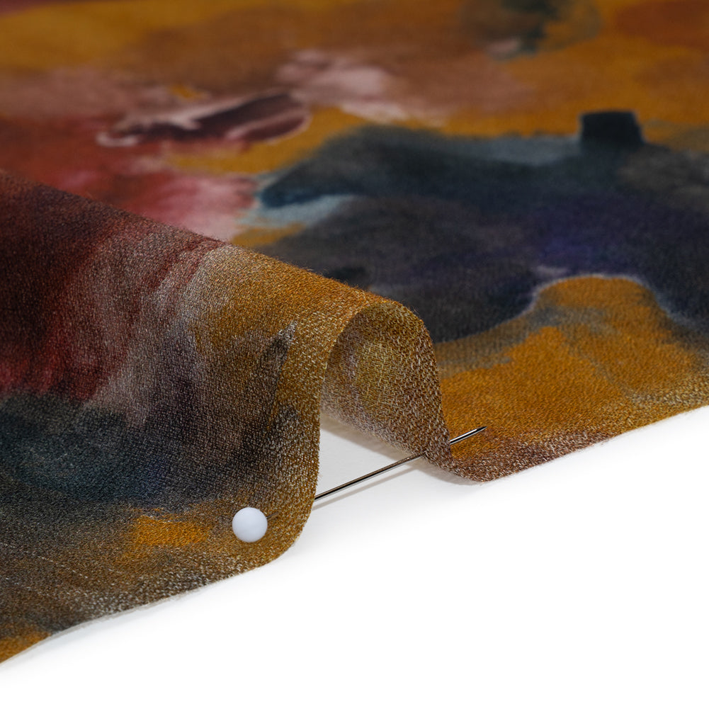 Cotton Crepe - Mustard Yellow, Burgundy and Dark Blue Abstract Watercolor - Mood Exclusive Flowing Horizons Print - Detail Cotton Crepe - Mustard Yellow, Burgundy and Dark Blue Abstract Watercolor - Mood Exclusive Flowing Horizons Print - Detail