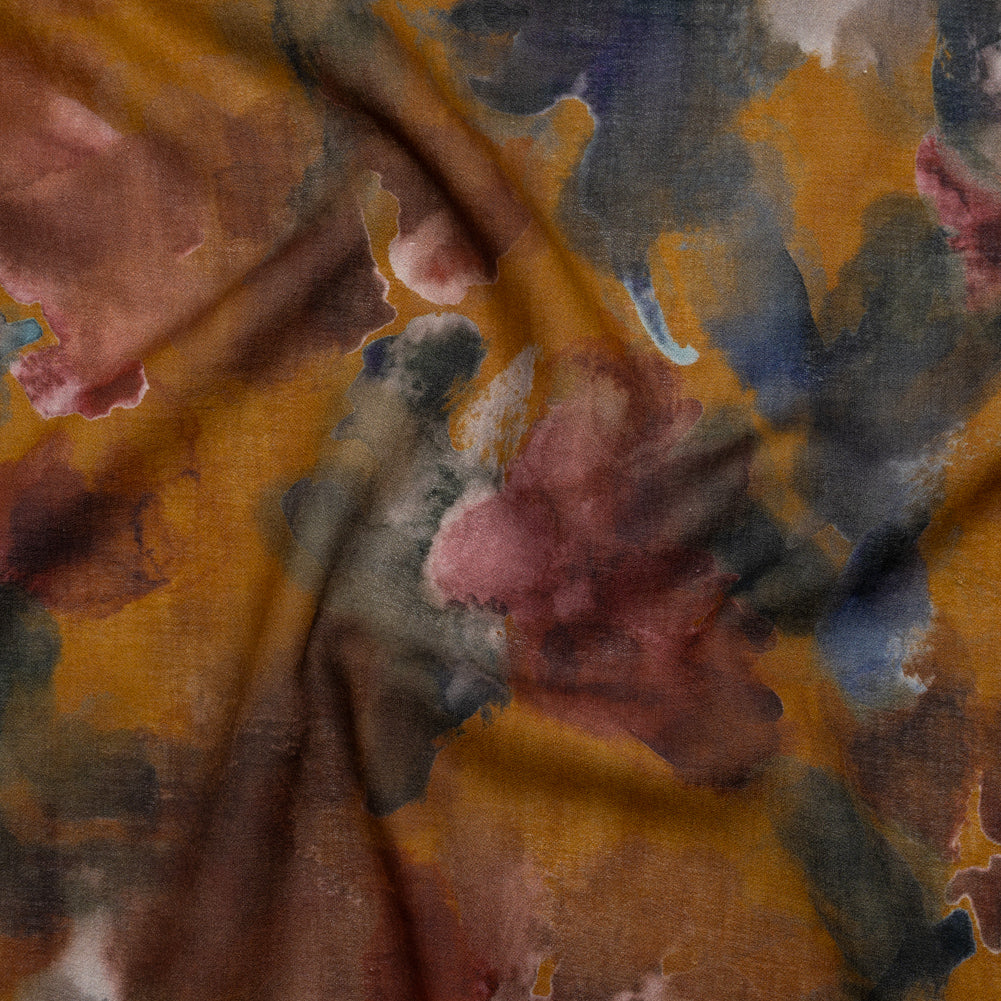 Cotton Crepe - Mustard Yellow, Burgundy and Dark Blue Abstract Watercolor - Mood Exclusive Flowing Horizons Print Cotton Crepe - Mustard Yellow, Burgundy and Dark Blue Abstract Watercolor - Mood Exclusive Flowing Horizons Print