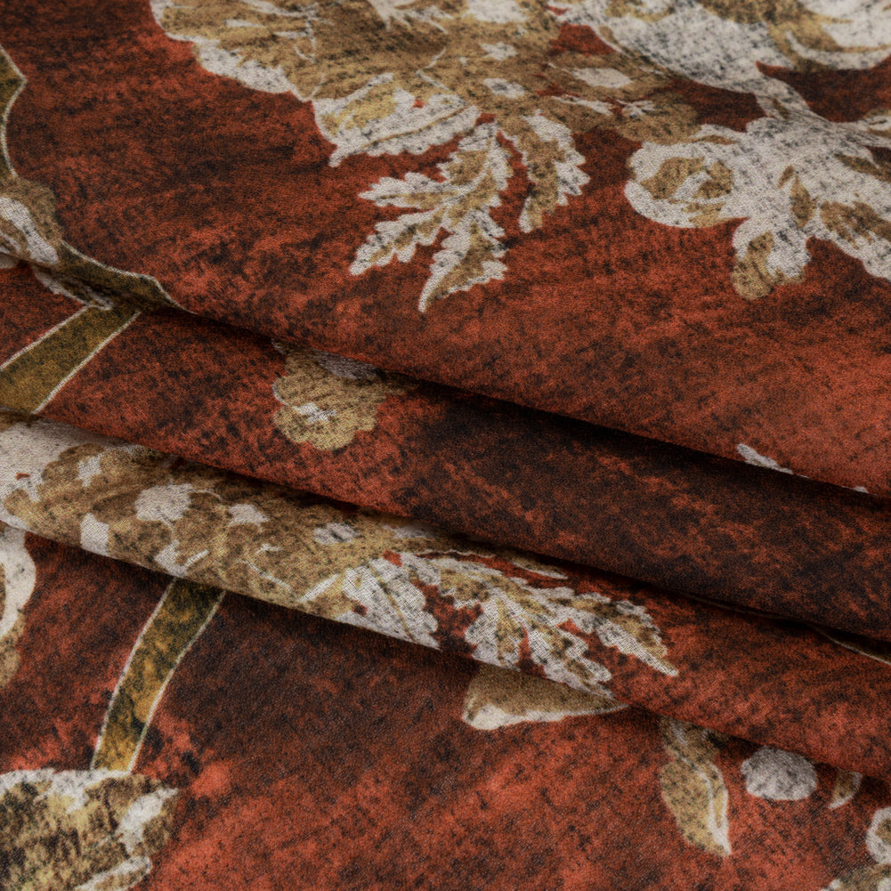 Cotton Crepe - Red Ochre, Beige and Cream Distressed Roses and Frames - Mood Exclusive Gilded Memory Print - Folded Cotton Crepe - Red Ochre, Beige and Cream Distressed Roses and Frames - Mood Exclusive Gilded Memory Print - Folded
