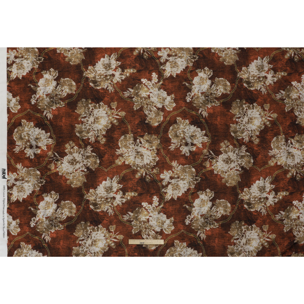 Cotton Crepe - Red Ochre, Beige and Cream Distressed Roses and Frames - Mood Exclusive Gilded Memory Print - Full Cotton Crepe - Red Ochre, Beige and Cream Distressed Roses and Frames - Mood Exclusive Gilded Memory Print - Full