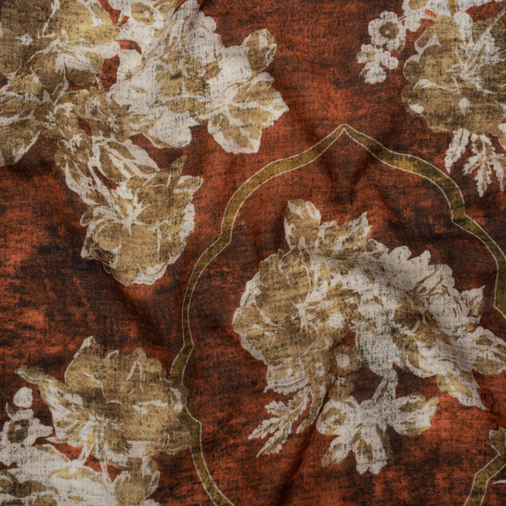 Cotton Crepe - Red Ochre, Beige and Cream Distressed Roses and Frames - Mood Exclusive Gilded Memory Print Cotton Crepe - Red Ochre, Beige and Cream Distressed Roses and Frames - Mood Exclusive Gilded Memory Print