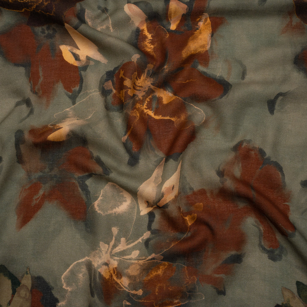 Cotton Crepe - Sage Green, Burgundy and Creamsicle Orange Painted Flowers - Mood Exclusive Lily Tranquility Print Cotton Crepe - Sage Green, Burgundy and Creamsicle Orange Painted Flowers - Mood Exclusive Lily Tranquility Print