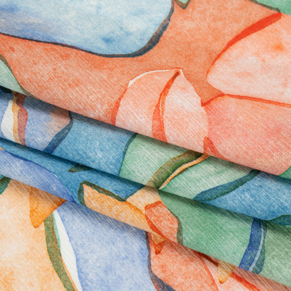 Slubbed Gauzy Cotton Woven - Green, Blue and Orange Watercolor Leaves - Mood Exclusive Cascading Canopy Print Slubbed Gauzy Cotton Woven - Green, Blue and Orange Watercolor Leaves - Mood Exclusive Cascading Canopy Print