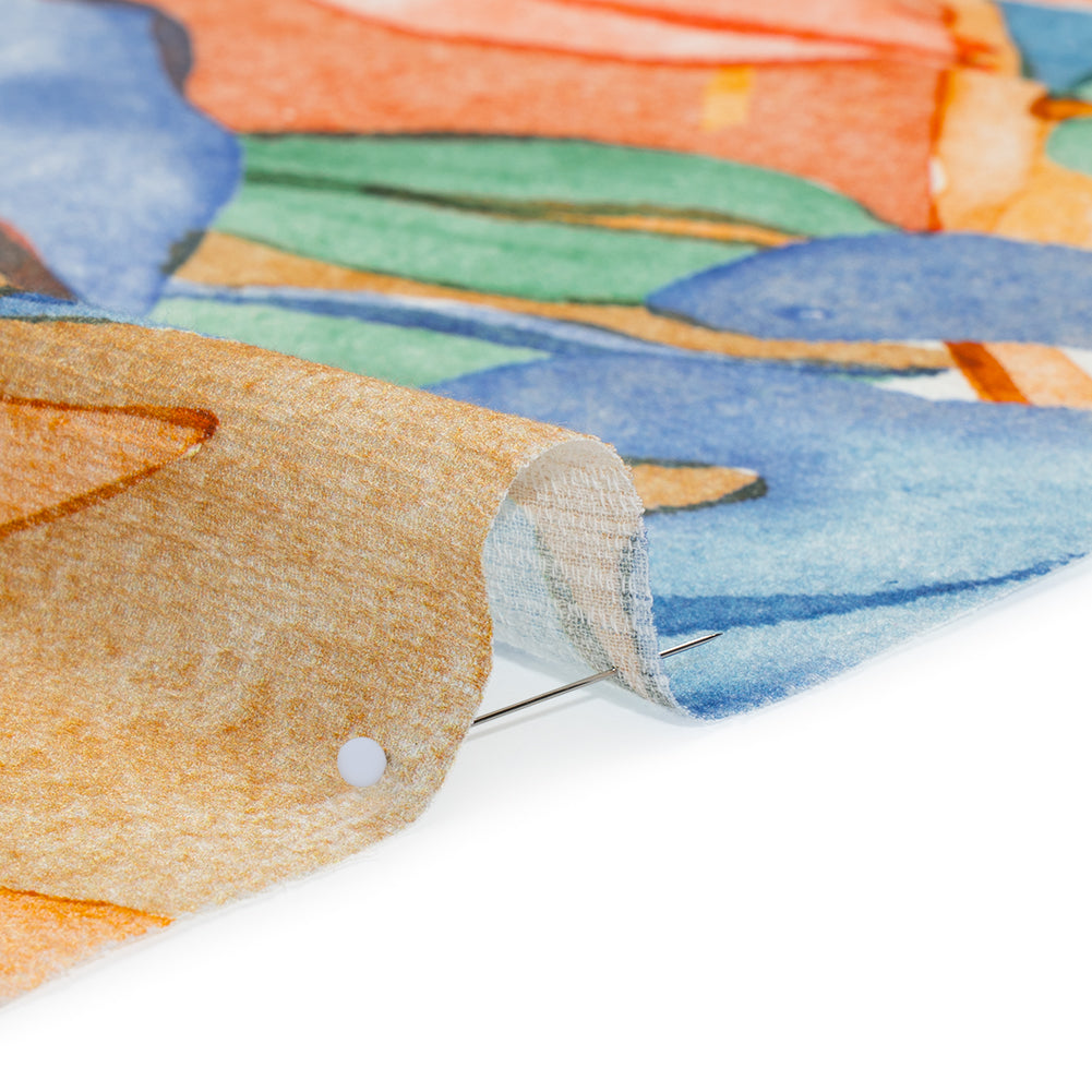 Slubbed Gauzy Cotton Woven - Green, Blue and Orange Watercolor Leaves - Mood Exclusive Cascading Canopy Print Slubbed Gauzy Cotton Woven - Green, Blue and Orange Watercolor Leaves - Mood Exclusive Cascading Canopy Print