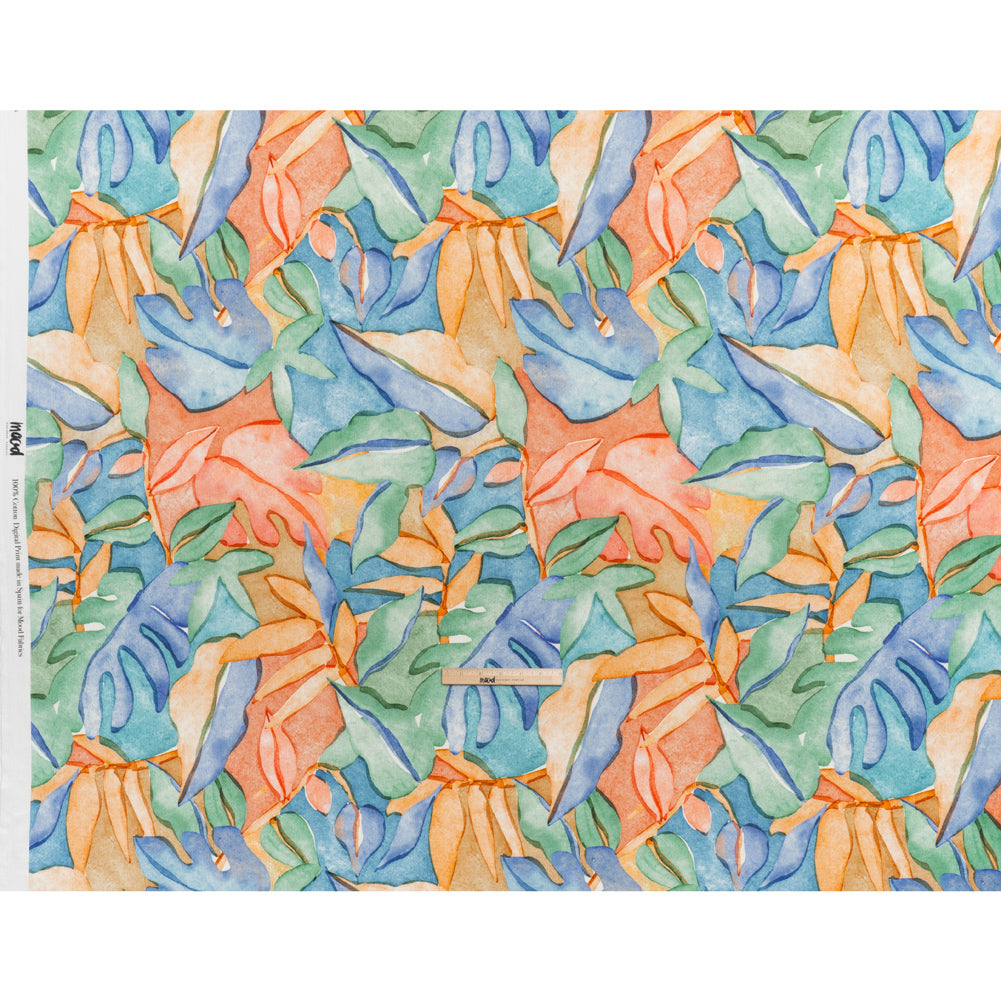 Slubbed Gauzy Cotton Woven - Green, Blue and Orange Watercolor Leaves - Mood Exclusive Cascading Canopy Print Slubbed Gauzy Cotton Woven - Green, Blue and Orange Watercolor Leaves - Mood Exclusive Cascading Canopy Print