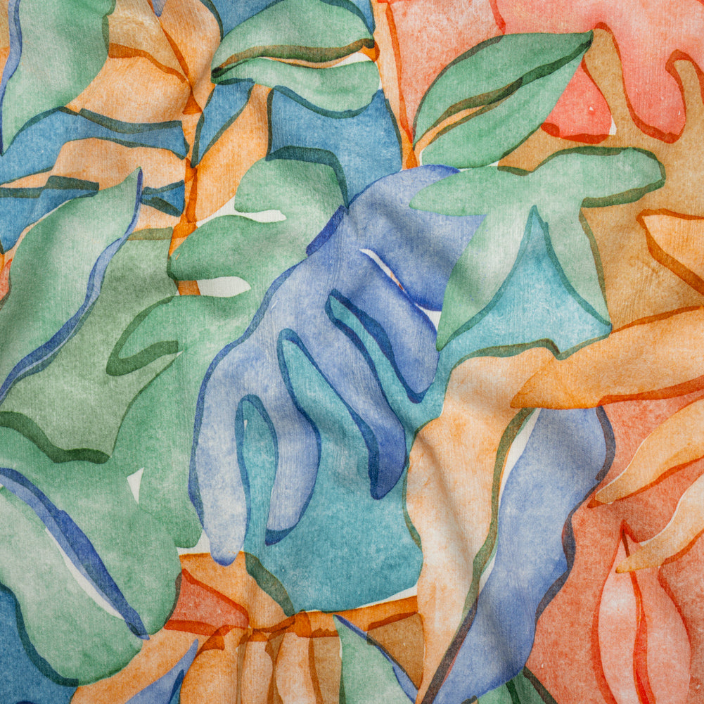 Slubbed Gauzy Cotton Woven - Green, Blue and Orange Watercolor Leaves - Mood Exclusive Cascading Canopy Print Slubbed Gauzy Cotton Woven - Green, Blue and Orange Watercolor Leaves - Mood Exclusive Cascading Canopy Print