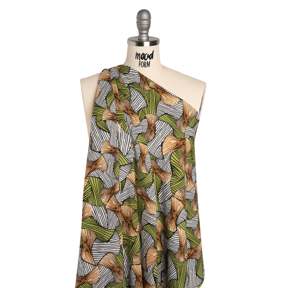 Slubbed Gauzy Cotton Woven - Green, Brown and White Abstract - Mood Exclusive Tantric Tessellations Print Slubbed Gauzy Cotton Woven - Green, Brown and White Abstract - Mood Exclusive Tantric Tessellations Print