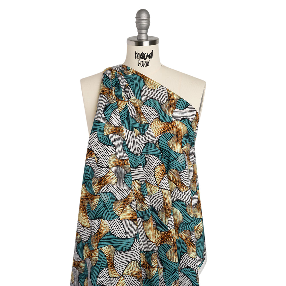 Slubbed Gauzy Cotton Woven - Blue, Brown and White Abstract - Mood Exclusive Tantric Tessellations Print - Drape Slubbed Gauzy Cotton Woven - Blue, Brown and White Abstract - Mood Exclusive Tantric Tessellations Print - Drape
