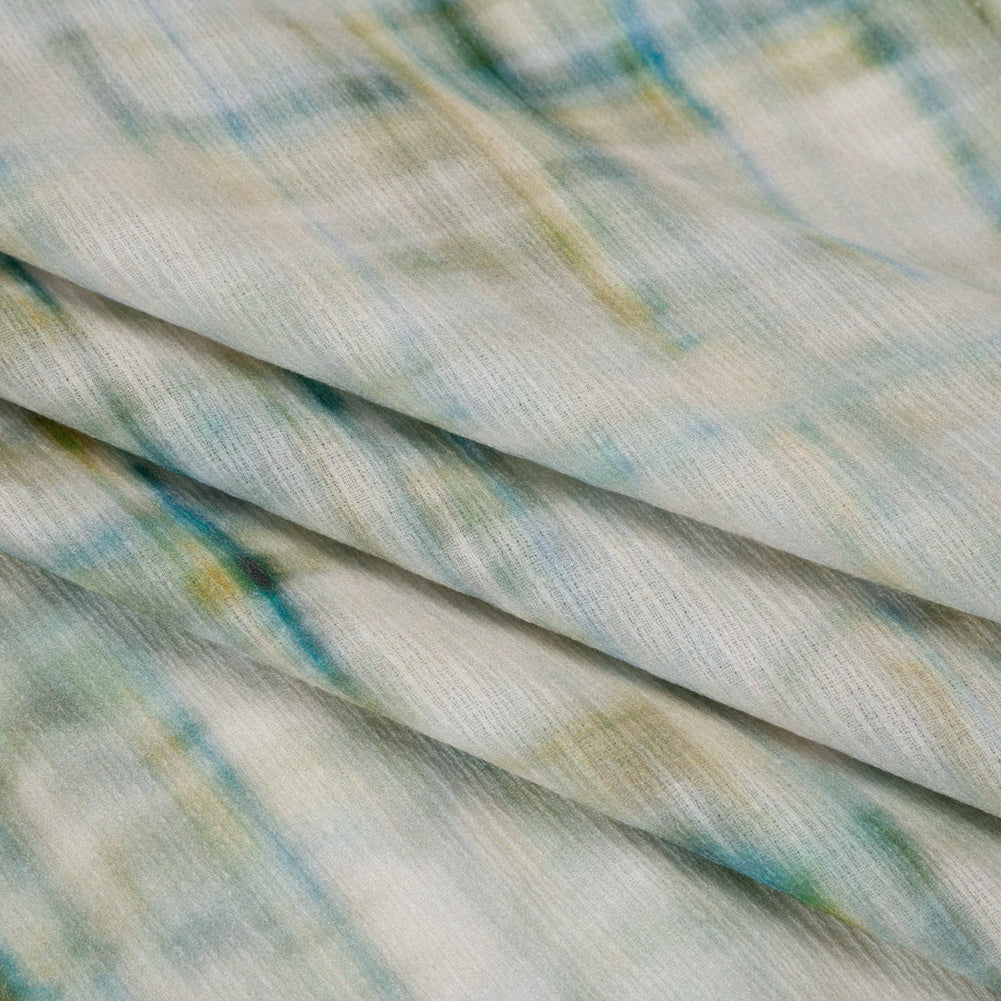 Slubbed Gauzy Cotton Woven - Cream, Turquoise and Olive Green Tie Dye - Mood Exclusive Sunlit Swale Print - Folded Slubbed Gauzy Cotton Woven - Cream, Turquoise and Olive Green Tie Dye - Mood Exclusive Sunlit Swale Print - Folded