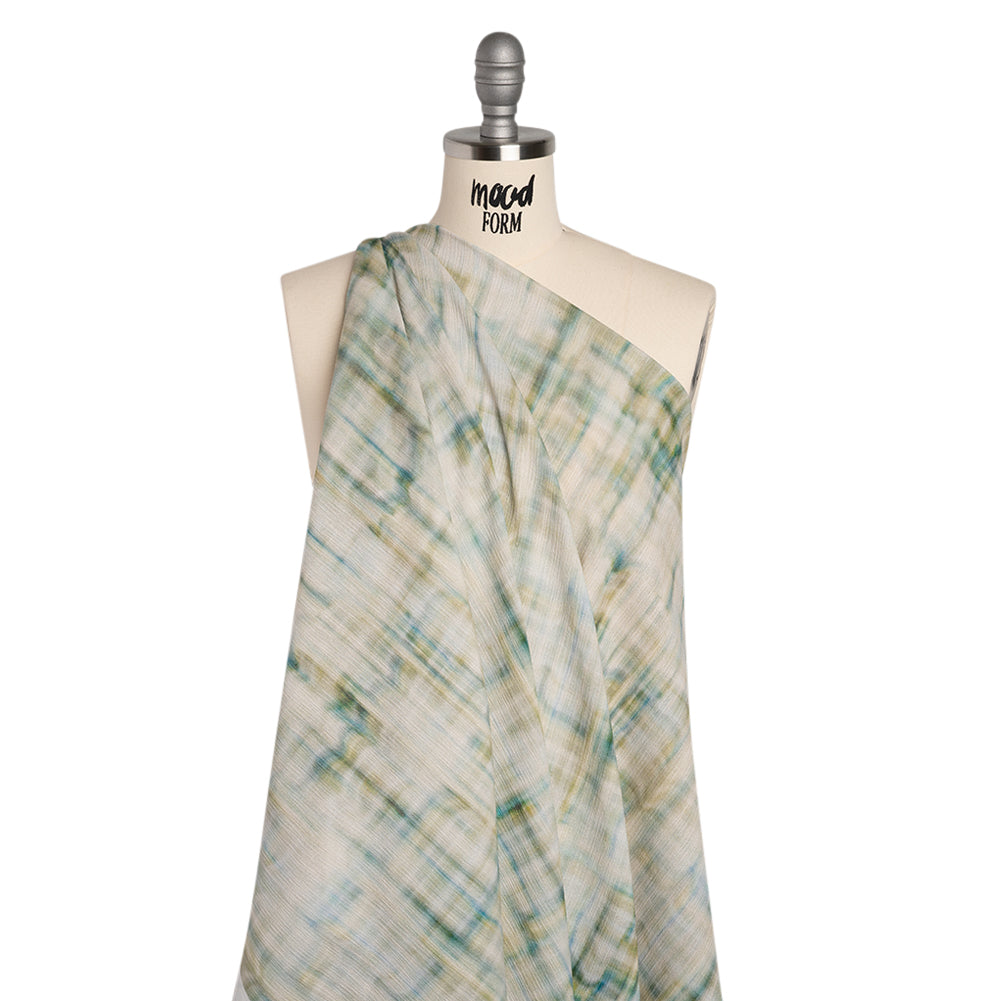 Slubbed Gauzy Cotton Woven - Cream, Turquoise and Olive Green Tie Dye - Mood Exclusive Sunlit Swale Print - Drape Slubbed Gauzy Cotton Woven - Cream, Turquoise and Olive Green Tie Dye - Mood Exclusive Sunlit Swale Print - Drape