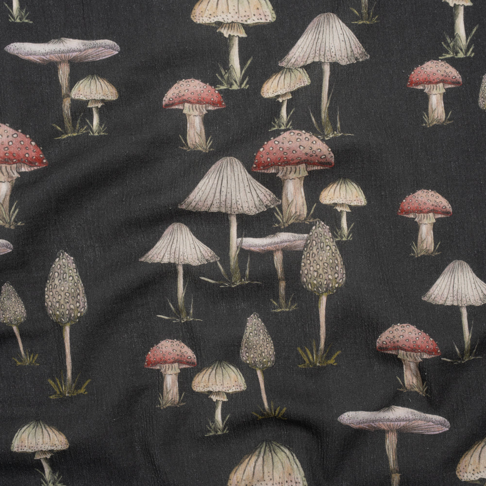 Slubbed Gauzy Cotton Woven - Charcoal, Red and Beige Mushrooms - Mood Exclusive Moonlit Mycelium Print Slubbed Gauzy Cotton Woven - Charcoal, Red and Beige Mushrooms - Mood Exclusive Moonlit Mycelium Print
