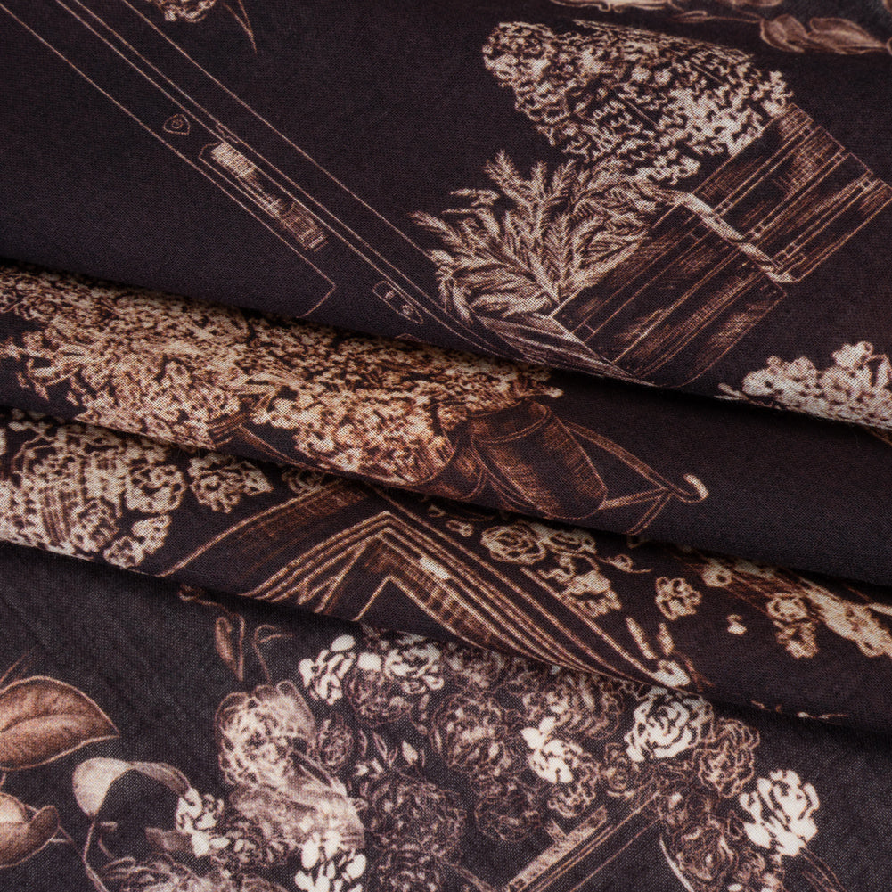 Crinkled Cotton Gauzy Woven - Dark Brown and Cream Flowers and Framed Photos - Mood Exclusive Coffee Date Print Crinkled Cotton Gauzy Woven - Dark Brown and Cream Flowers and Framed Photos - Mood Exclusive Coffee Date Print