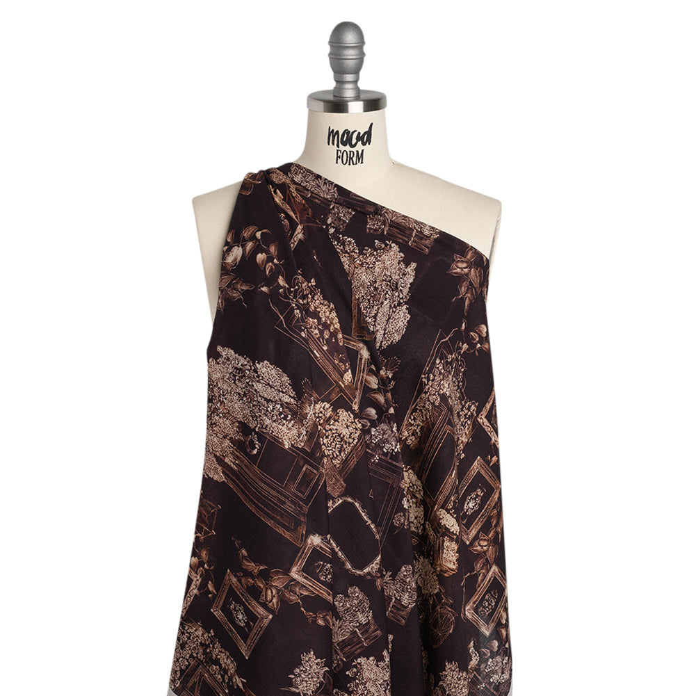 Crinkled Cotton Gauzy Woven - Dark Brown and Cream Flowers and Framed Photos - Mood Exclusive Coffee Date Print Crinkled Cotton Gauzy Woven - Dark Brown and Cream Flowers and Framed Photos - Mood Exclusive Coffee Date Print