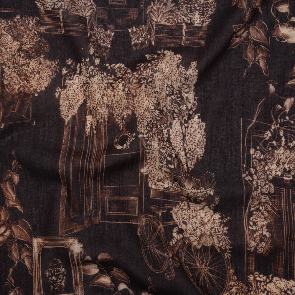 Crinkled Cotton Gauzy Woven - Dark Brown and Cream Flowers and Framed Photos - Mood Exclusive Coffee Date Print Crinkled Cotton Gauzy Woven - Dark Brown and Cream Flowers and Framed Photos - Mood Exclusive Coffee Date Print