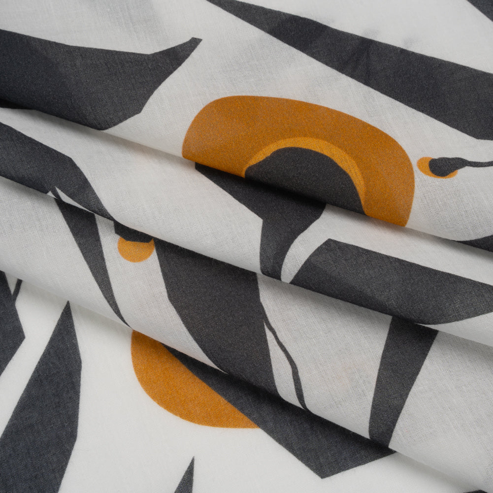 Crinkled Cotton Gauzy Woven - White, Charcoal Gray and Golden Orange Geometric Florals - Mood Exclusive Fractal Foliage Print Folded Crinkled Cotton Gauzy Woven - White, Charcoal Gray and Golden Orange Geometric Florals - Mood Exclusive Fractal Foliage Print Folded