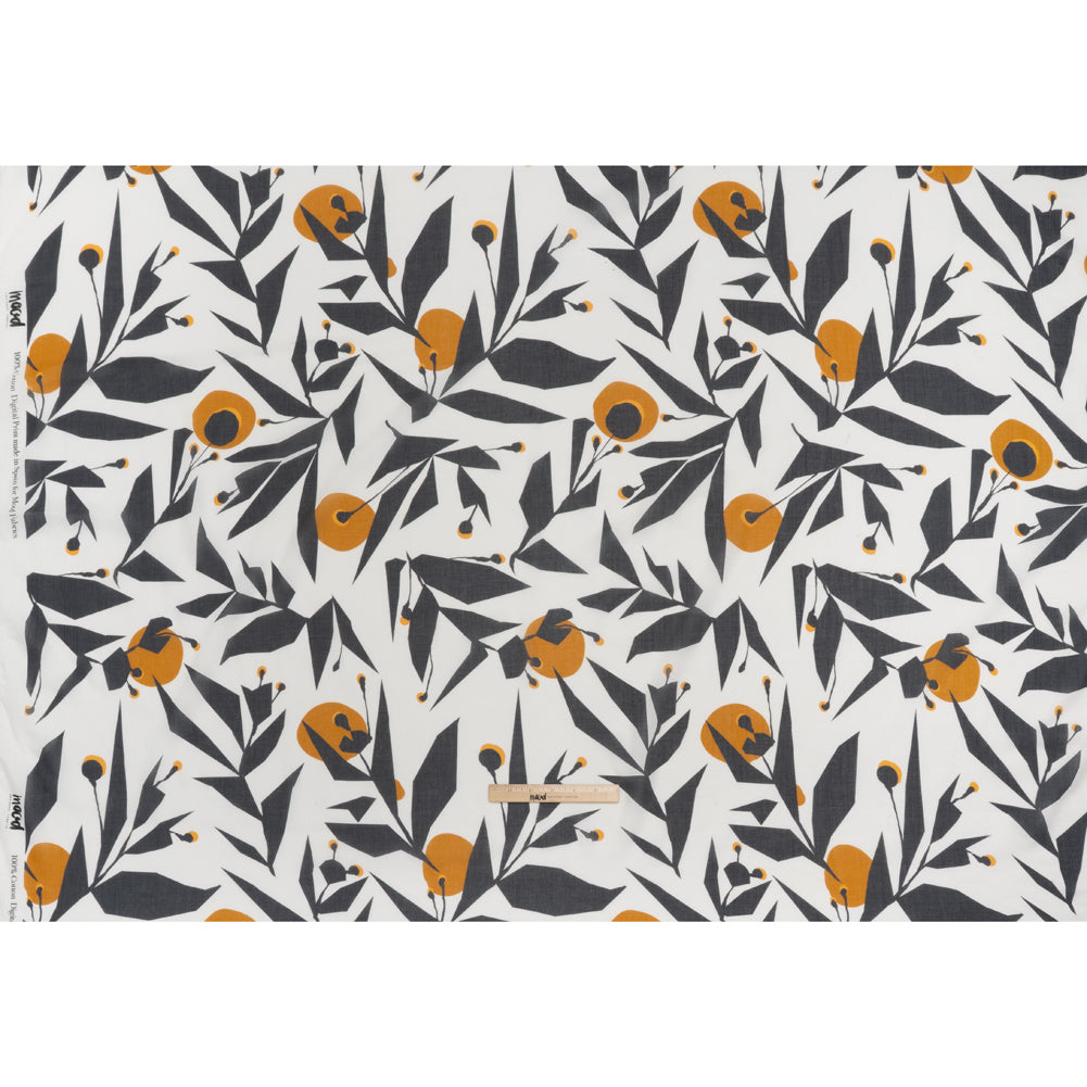 Crinkled Cotton Gauzy Woven - White, Charcoal Gray and Golden Orange Geometric Florals - Mood Exclusive Fractal Foliage Print - Full Crinkled Cotton Gauzy Woven - White, Charcoal Gray and Golden Orange Geometric Florals - Mood Exclusive Fractal Foliage Print - Full