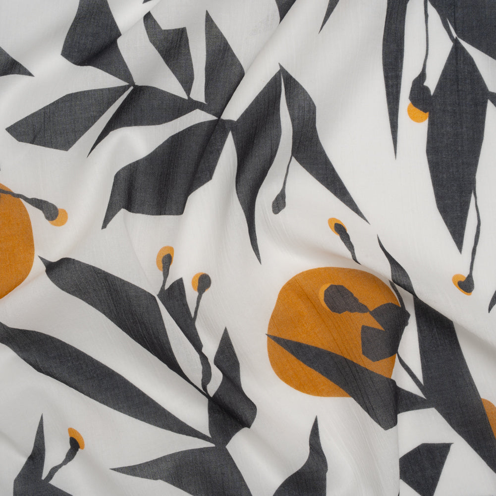 Crinkled Cotton Gauzy Woven - White, Charcoal Gray and Golden Orange Geometric Florals - Mood Exclusive Fractal Foliage Print Crinkled Cotton Gauzy Woven - White, Charcoal Gray and Golden Orange Geometric Florals - Mood Exclusive Fractal Foliage Print