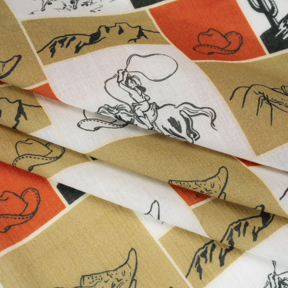 Crinkled Cotton Gauzy Woven - Red Orange, Beige and White Wester Scenes Patchwork - Mood Exclusive Rodeo Reflections Print Crinkled Cotton Gauzy Woven - Red Orange, Beige and White Wester Scenes Patchwork - Mood Exclusive Rodeo Reflections Print
