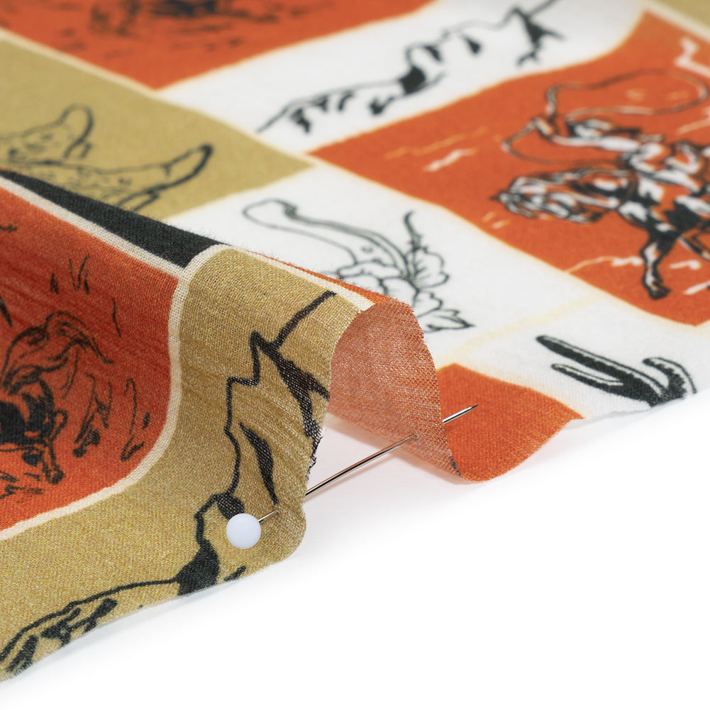 Crinkled Cotton Gauzy Woven - Red Orange, Beige and White Wester Scenes Patchwork - Mood Exclusive Rodeo Reflections Print Crinkled Cotton Gauzy Woven - Red Orange, Beige and White Wester Scenes Patchwork - Mood Exclusive Rodeo Reflections Print