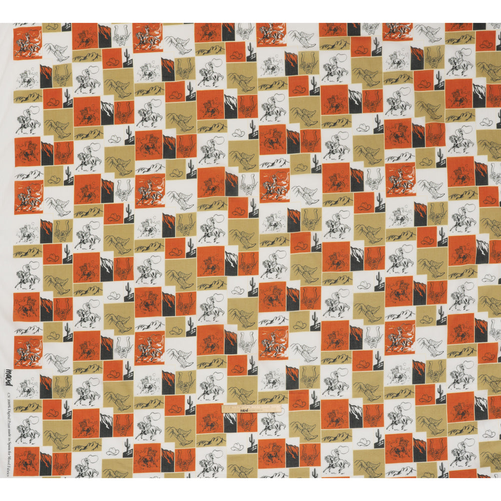 Crinkled Cotton Gauzy Woven - Red Orange, Beige and White Wester Scenes Patchwork - Mood Exclusive Rodeo Reflections Print Crinkled Cotton Gauzy Woven - Red Orange, Beige and White Wester Scenes Patchwork - Mood Exclusive Rodeo Reflections Print