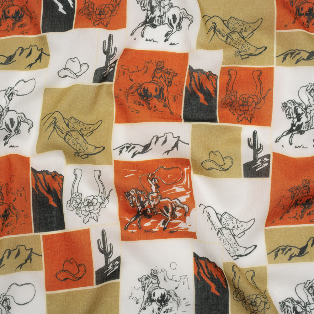 Crinkled Cotton Gauzy Woven - Red Orange, Beige and White Wester Scenes Patchwork - Mood Exclusive Rodeo Reflections Print Crinkled Cotton Gauzy Woven - Red Orange, Beige and White Wester Scenes Patchwork - Mood Exclusive Rodeo Reflections Print