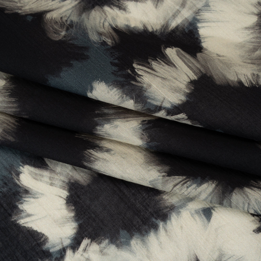 Crinkled Cotton Gauzy Woven - Dark Blue, Black and Cream Painterly Florals - Mood Exclusive Sunflower Strokes Print Crinkled Cotton Gauzy Woven - Dark Blue, Black and Cream Painterly Florals - Mood Exclusive Sunflower Strokes Print