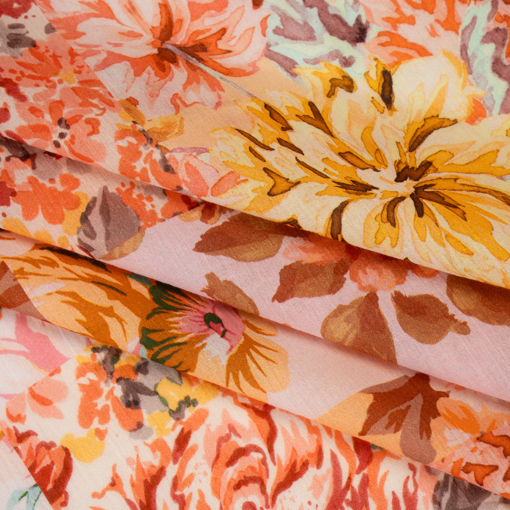 Crinkled Cotton Gauzy Woven - Orange, Peach and Sunny Yellow FLoral Patchwork - Mood Exclusive Sunset Sonata Print Crinkled Cotton Gauzy Woven - Orange, Peach and Sunny Yellow FLoral Patchwork - Mood Exclusive Sunset Sonata Print