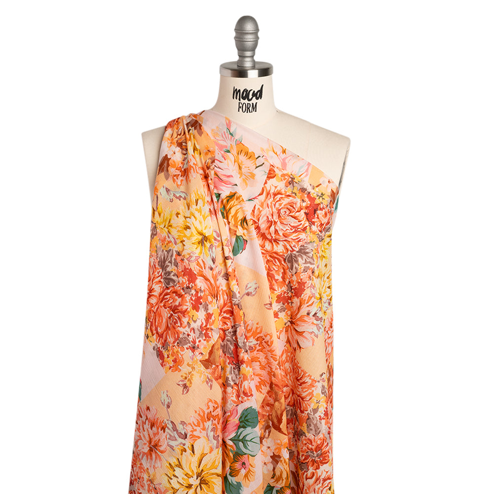 Crinkled Cotton Gauzy Woven - Orange, Peach and Sunny Yellow FLoral Patchwork - Mood Exclusive Sunset Sonata Print Crinkled Cotton Gauzy Woven - Orange, Peach and Sunny Yellow FLoral Patchwork - Mood Exclusive Sunset Sonata Print