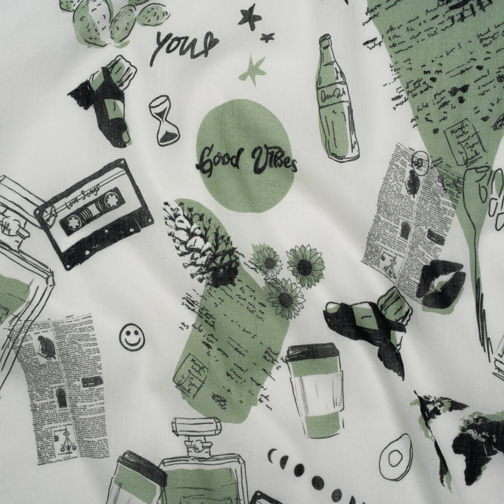 Crinkled Cotton Gauzy Woven - Sage Green, Black and White Miscellaneous Objects - Mood Exclusive Curated Curiosities Print Crinkled Cotton Gauzy Woven - Sage Green, Black and White Miscellaneous Objects - Mood Exclusive Curated Curiosities Print