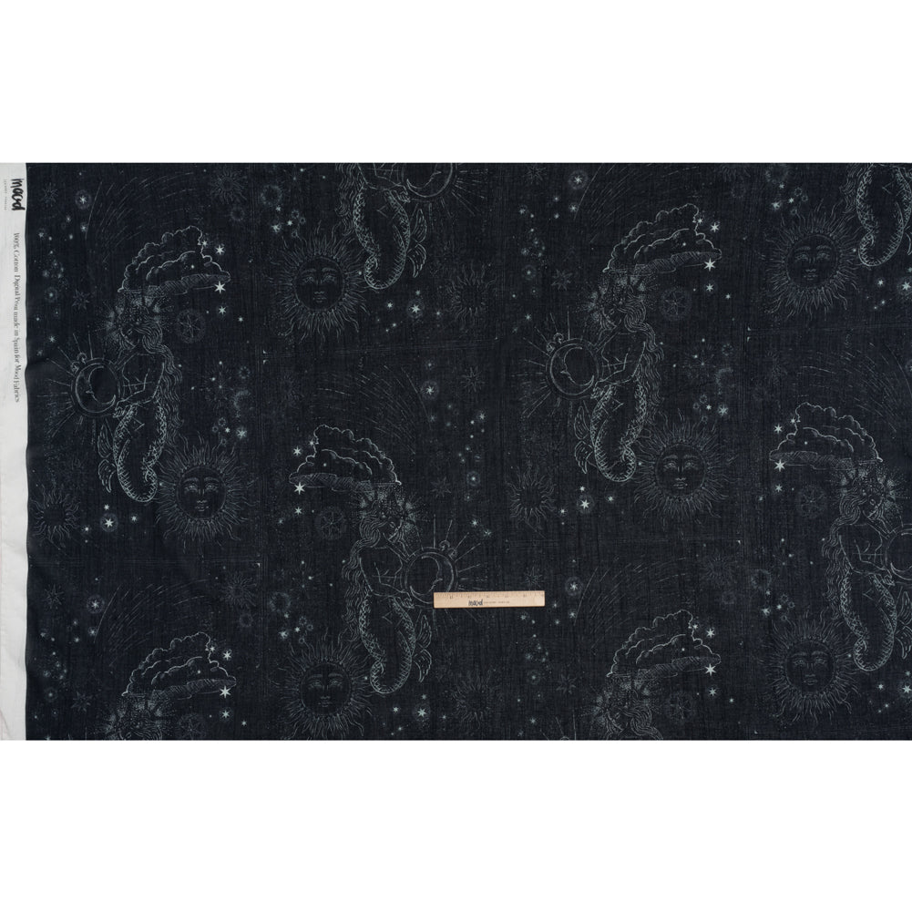 Crinkled Cotton Gauzy Woven - Midnight Blue and White Celestial Motifs - Mood Exclusive Moonlit Tides Print - Full Crinkled Cotton Gauzy Woven - Midnight Blue and White Celestial Motifs - Mood Exclusive Moonlit Tides Print - Full
