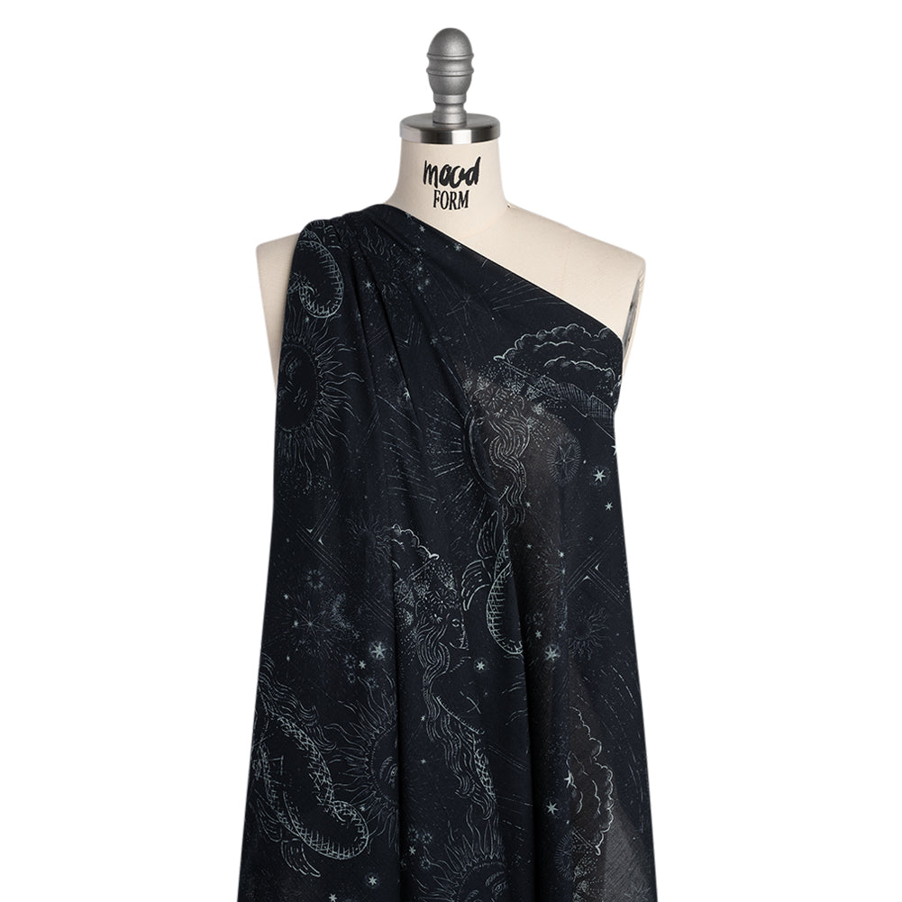 Crinkled Cotton Gauzy Woven - Midnight Blue and White Celestial Motifs - Mood Exclusive Moonlit Tides Print - Drape Crinkled Cotton Gauzy Woven - Midnight Blue and White Celestial Motifs - Mood Exclusive Moonlit Tides Print - Drape