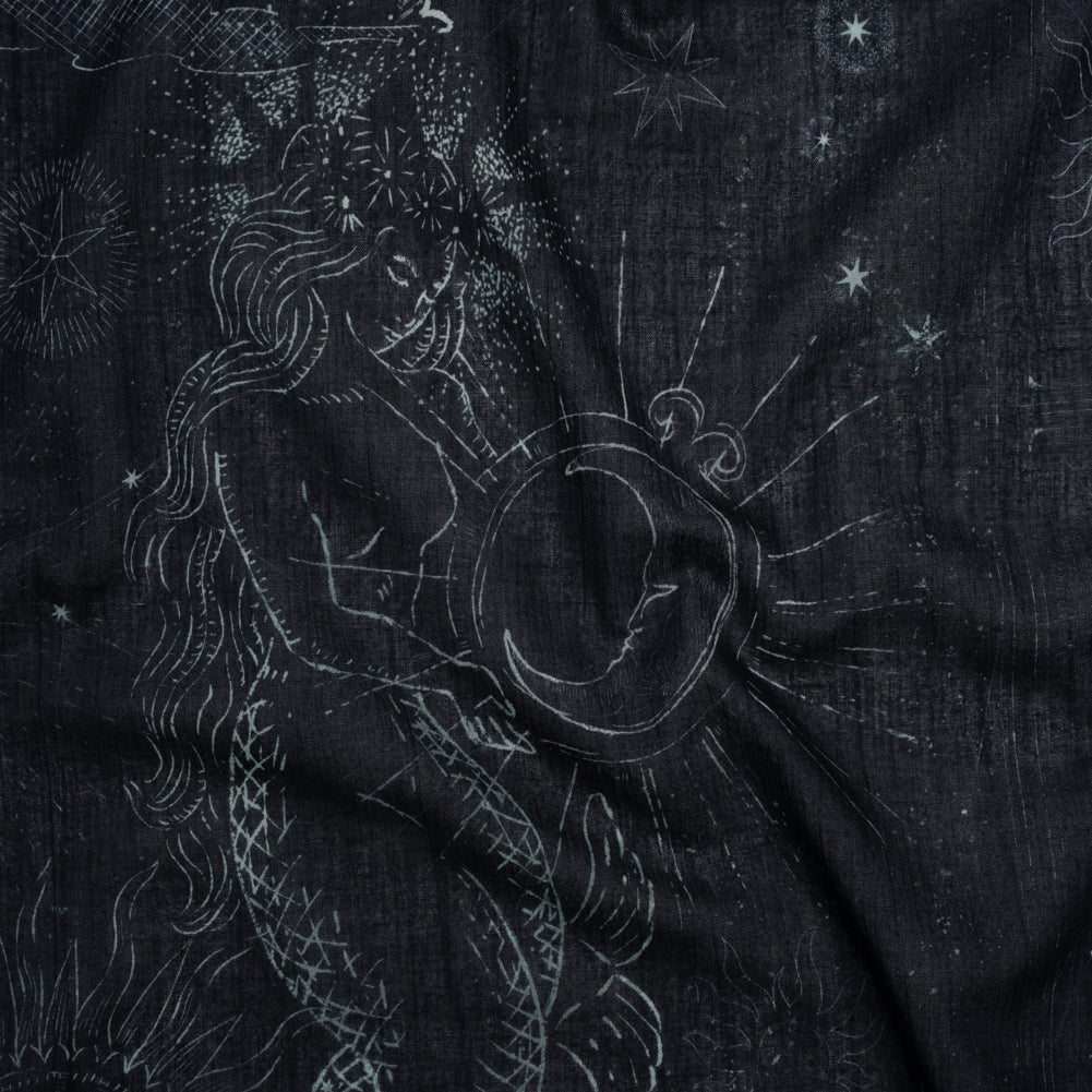 Crinkled Cotton Gauzy Woven - Midnight Blue and White Celestial Motifs - Mood Exclusive Moonlit Tides Print Crinkled Cotton Gauzy Woven - Midnight Blue and White Celestial Motifs - Mood Exclusive Moonlit Tides Print