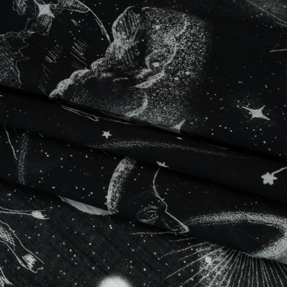 Crinkled Cotton Gauzy Woven - Black and White Sketches in Space - Mood Exclusive Heavenly Horoscope Print Crinkled Cotton Gauzy Woven - Black and White Sketches in Space - Mood Exclusive Heavenly Horoscope Print