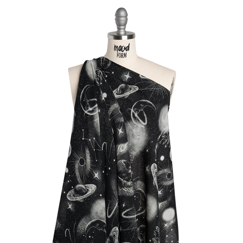 Crinkled Cotton Gauzy Woven - Black and White Sketches in Space - Mood Exclusive Heavenly Horoscope Print Crinkled Cotton Gauzy Woven - Black and White Sketches in Space - Mood Exclusive Heavenly Horoscope Print