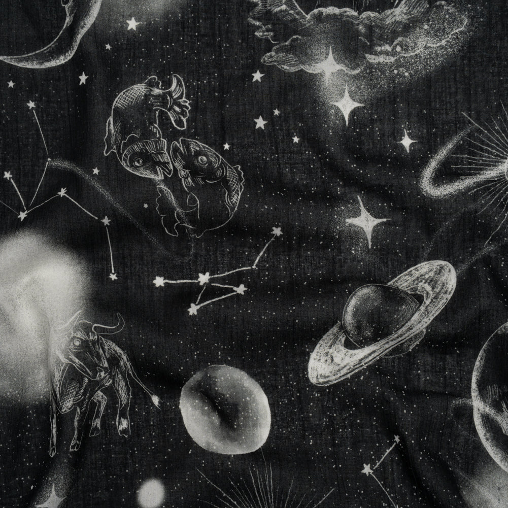 Crinkled Cotton Gauzy Woven - Black and White Sketches in Space - Mood Exclusive Heavenly Horoscope Print Crinkled Cotton Gauzy Woven - Black and White Sketches in Space - Mood Exclusive Heavenly Horoscope Print